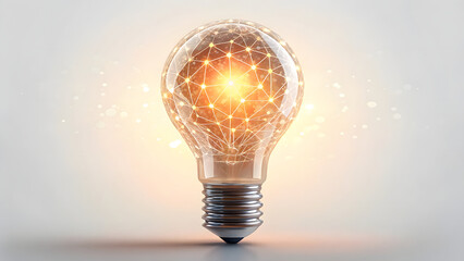 digital bright glass lightbulb glowing with power on a clear background, representing a concept of energy and a flash of creative innovation