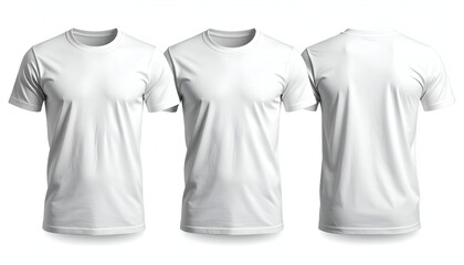 Three white blank t-shirts displayed; front, front-facing, and back views isolated on white
