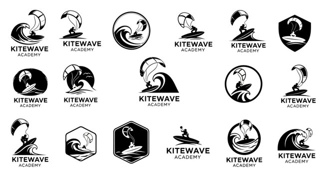 Collection of Kitesurfing and Kiteboarding Academy Logos in Monochromatic Vector Designs