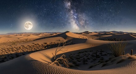 Desert Dunes Under Full Moon and Milky Way Sky