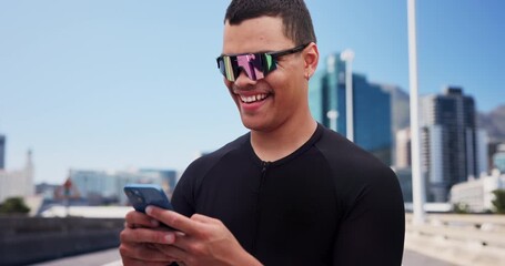 Fitness, phone and laughing with man in city for health stats, workout guide and tracking performance. Exercise app, training route and sunglasses with person outdoor for wellness, joke and meme