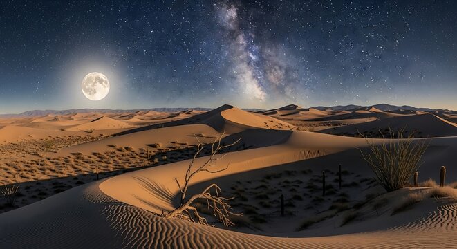 Desert Dunes Under Full Moon and Milky Way Sky