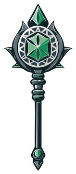 Magic scepter or war mace with a spiky head and green gem vector art