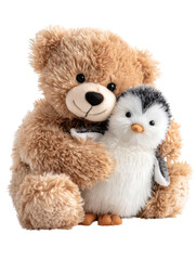 Cuddly Companions: A heartwarming embrace between a teddy bear and a penguin toy, symbolizing friendship and comfort.