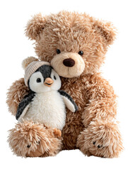 Friendship of the soft friends: A big teddy bear embraces a cute penguin friend, they sit closely with their hat on. The picture gives a warm and safe emotion.