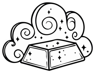 Stylized gold bar surrounded by a magical sparkling cloud and twinkling stars an outline illustration of fortune and dreams