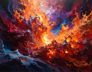 Dramatic abstract painting with vibrant swirls of fire and dark undertones