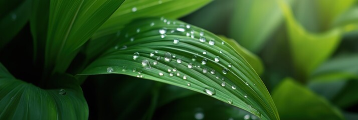 Dew-covered green leaves in sunlight