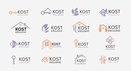 Collection of real estate logos featuring houses keys and leaf with geometric shapes