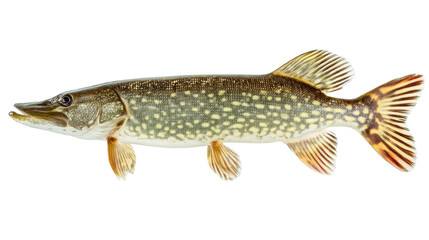 Fototapeta premium Northern Pike: A detailed shot of the Northern Pike shows the predatory fish in a dynamic side view, with meticulous detail of its sleek body, showcasing its impressive features.