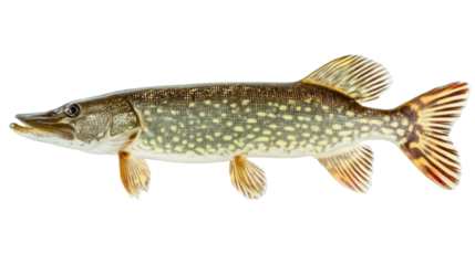 Northern Pike: A detailed shot of the Northern Pike shows the predatory fish in a dynamic side view, with meticulous detail of its sleek body, showcasing its impressive features.