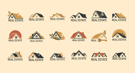 Collection of Real Estate Logos featuring Minimalist House and Roof Designs in Neutral Colors