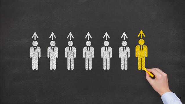 Business leadership skills and development concept Drawing businesspeople and growth arrows on chalkboard - Powered by Adobe