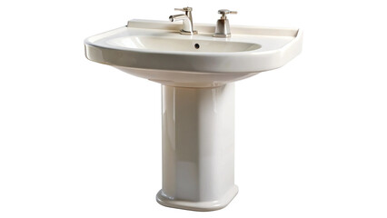 White ceramic pedestal sink with two polished chrome faucets
