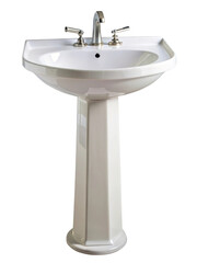 White ceramic pedestal bathroom sink with chrome faucet set