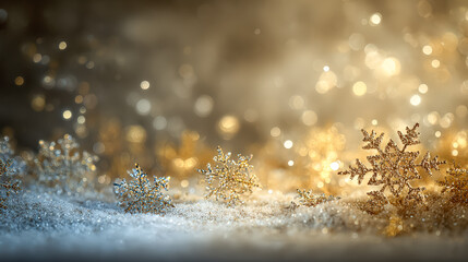 Beautiful snowflakes glisten on soft snow, surrounded by a warm golden bokeh, creating a festive atmosphere for Christmas and New Year