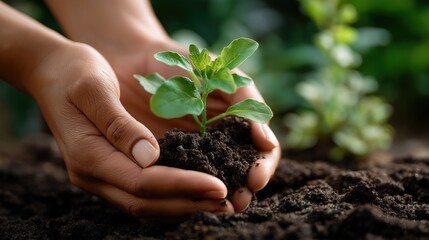 Hands planting young green seedling in soil outdoors
