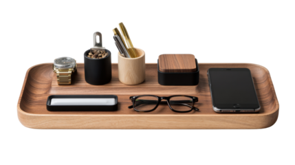 Organized Workspace Accessories: An organized array of essential workspace items, including a watch, pens, a smartphone, and glasses, all neatly arranged on a wooden tray.