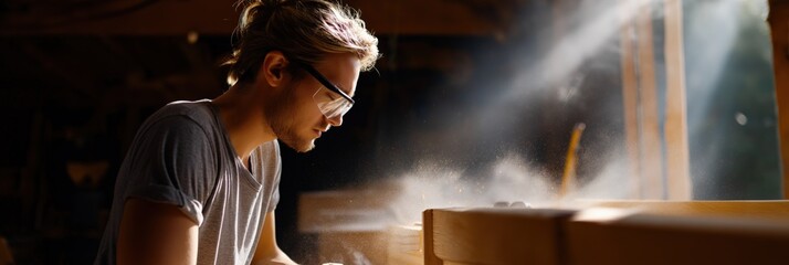 Young caucasian male carpenter working in sunlit workshop