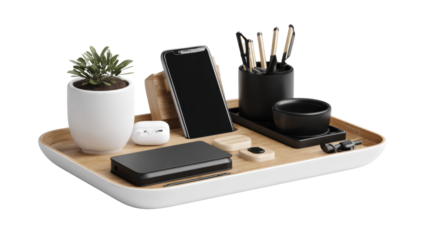 Office Essentials: A meticulously arranged assortment of desk accessories, from a smartphone to sleek stationery, a tiny plant, and elegant ceramics.