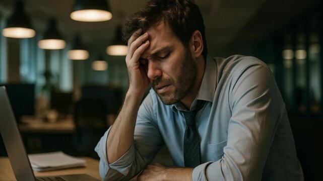 man sits at desk, holding his head in his hands, overwhelmed with stress. portrays emotional exhaustion and mental distress in professional setting. man struggles with emotional distress at work,