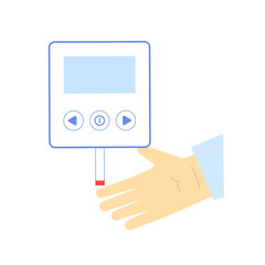 Electronic glucometer and human hand, analysing blood sugar.