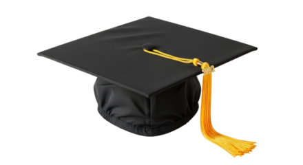 A Black Graduation Cap with a Gold Tassel Isolated PNG