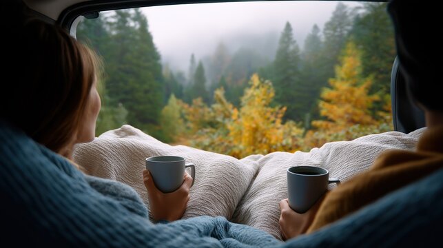 Cozy autumn morning with two people enjoying scenic forest view from van