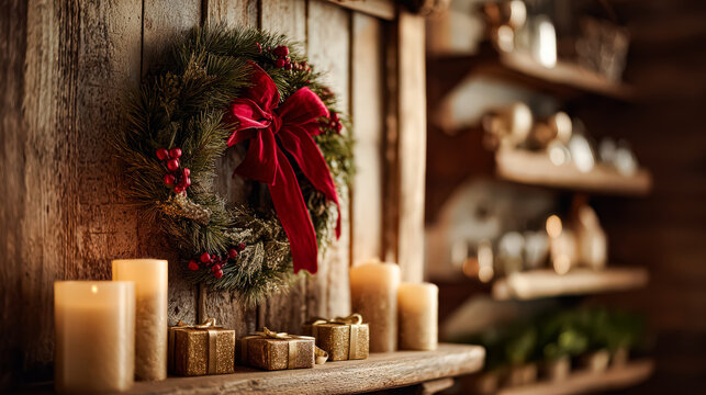 Christmas wreath with red bow and candles displayed on rustic wooden shelf, creating a warm holiday ambiance with decorations - Powered by Adobe