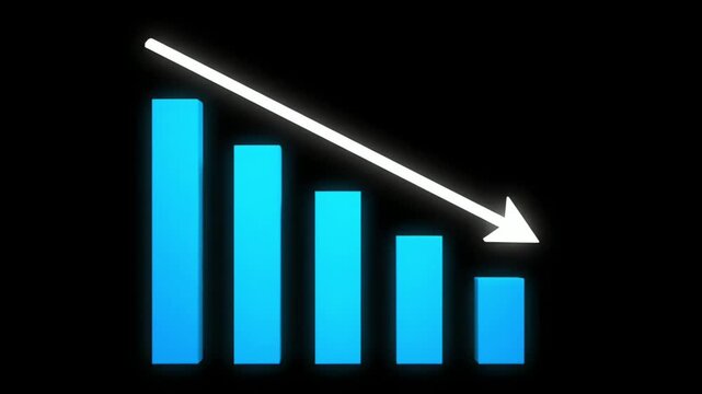 Neon Blue Declining Bar Chart with White Arrow on Clean Black Background