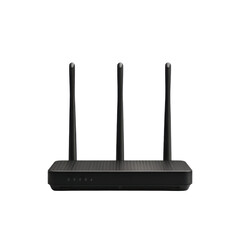 Fototapeta premium Network Router: An isolated shot of a sleek, black network router with three antennas poised for efficient wireless signal distribution, promising seamless connectivity and reliable performance.