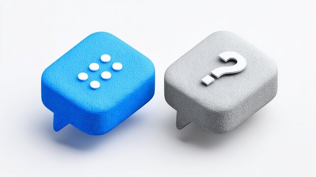 3D-rendered speech bubble icons one blue with dots, the other gray with a question mark