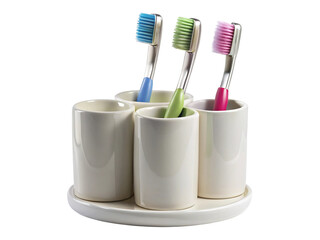 Colorful toothbrushes in white ceramic holders, oral health