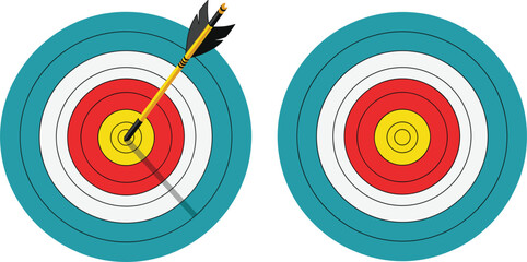 Colorful vector archery targets with arrow hitting bullseye symbolizing precision, goal achievement, success, and focus
