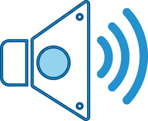 A minimalist blue outline vector icon representing a speaker or volume symbol with radiating sound waves, ideal for web buttons, user interface design, and mobile application graphics.