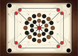 Top-down realistic vector of traditional Carrom board with wooden frame, strikers, pockets, and center design