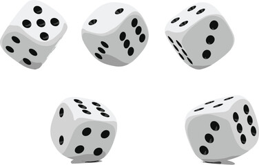 Realistic vector set of six white dice tumbling in mid-air representing chance, luck, gaming themes