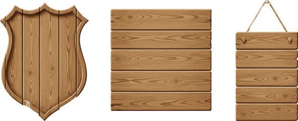 Realistic vector set of wooden sign shapes including shield, plank banner, and rope-hanging plaque