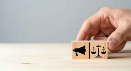 Justice and Free Speech Concept - Scales of Justice and Megaphone Icons on Wood Blocks