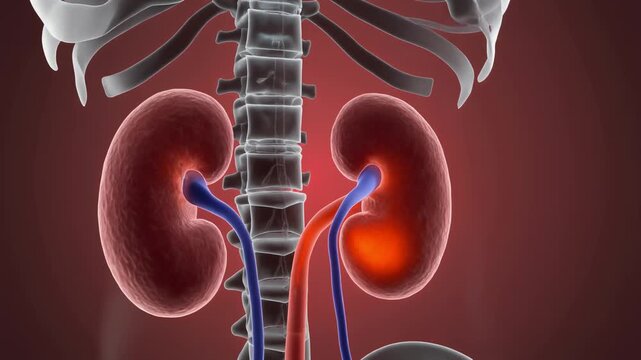 Detailed 3D Animation of the Human Urinary System Showing Kidneys Bladder Ureters and Aorta Illustrating Blood Flow and Filtration Process With Highlights