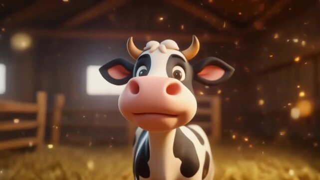 Cartoon cow with black and white markings stands in a barn with hay, illuminated by soft, magical light particles.