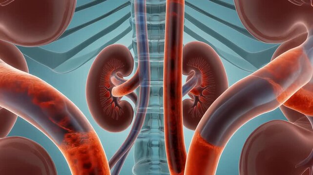 Detailed 3D medical animation showcasing the human urinary system with kidneys ureters and blood vessels in a clear anatomical view on a blue background