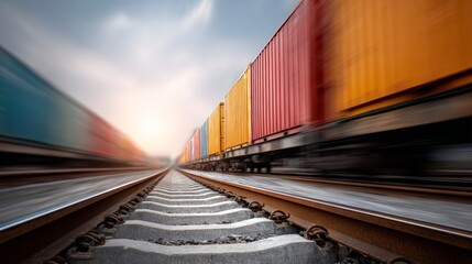 Naklejka premium Freight train loaded with colorful shipping containers races along tracks at sunset, motion blur conveying speed and global logistics, transport, and supply chain movement