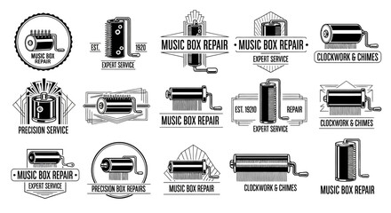 Monochrome Retro Music Box Repair Logos and Badges Collection Set Design Elements