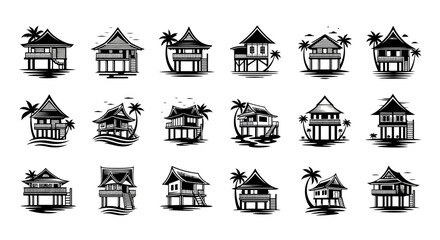 Fototapeta premium Set of tropical house vector illustration collection of coastal dwellings in a minimal style with