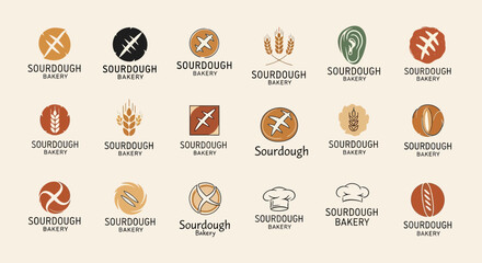 Sourdough bakery logo design collection featuring wheat, bread, and chef hat icons