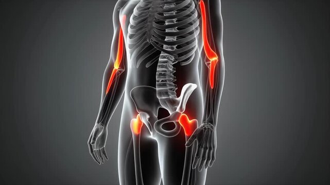 Medical animation showcasing the human skeletal system with highlighted joints and bones indicating pain or inflammation in the elbows and hips