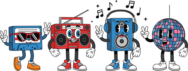 A vibrant vector illustration of four funny retro-style cartoon characters: a cassette tape with sunglasses, a disco ball, a boombox, and a speaker, all celebrating 90s party and music themes.