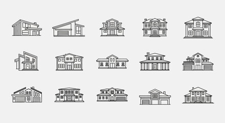 Architectural house icons showing various modern home styles in line art design, great for real