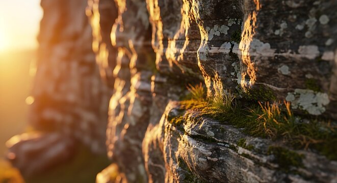 Rock formation texture with sunlit moss and grass - Powered by Adobe